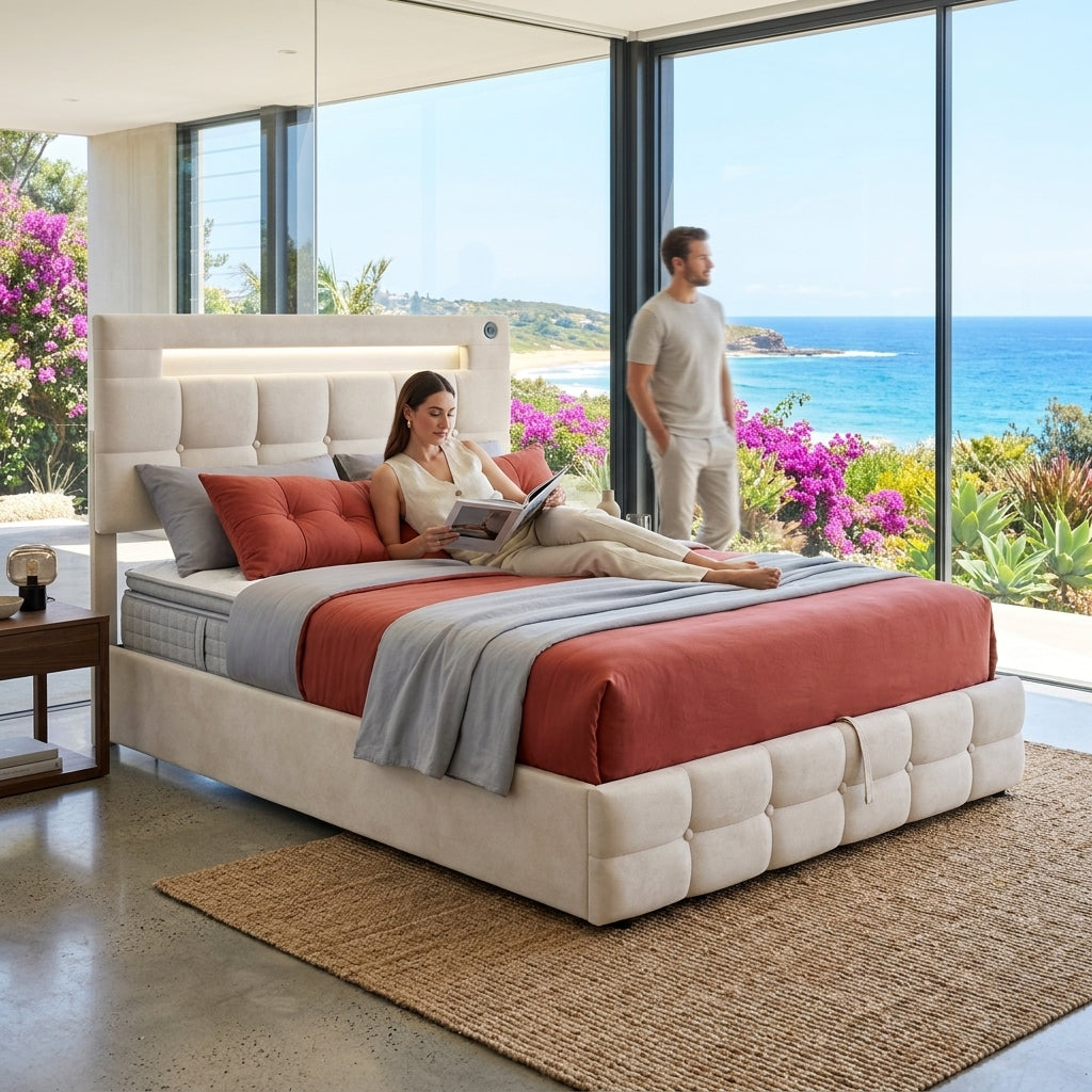 Audreamy Soren Ottoman Bed Beige Velvet Double