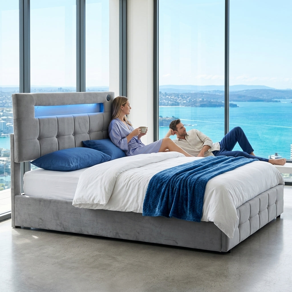 Audreamy Soren Ottoman Bed Grey Velvet Double