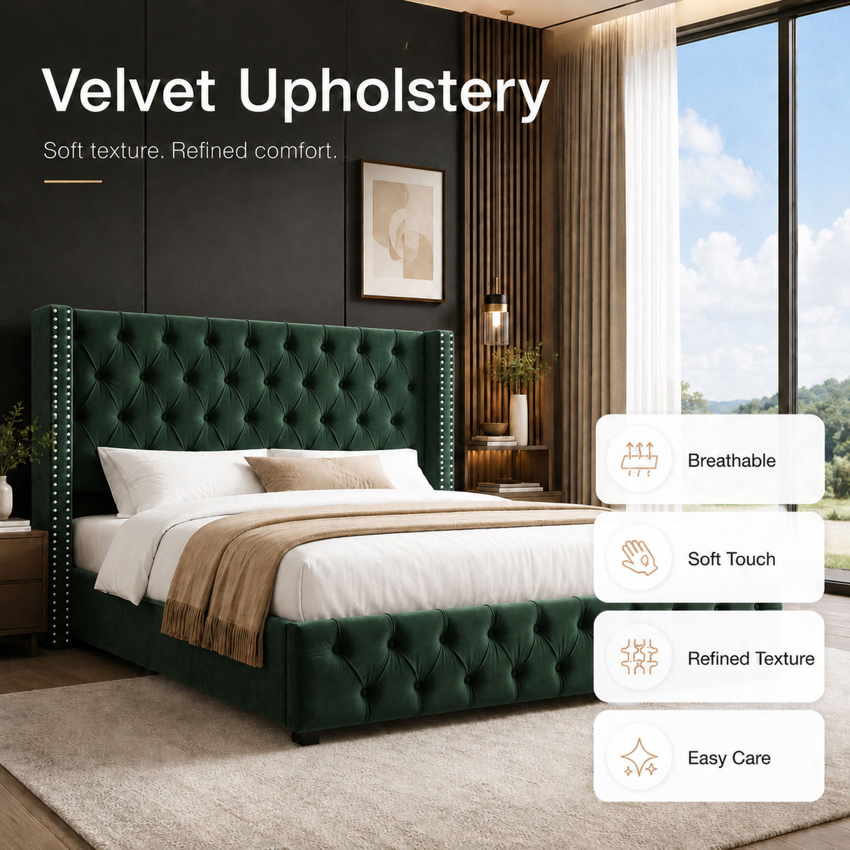 Audreamy Verona Ottoman Bed Green Velvet Double