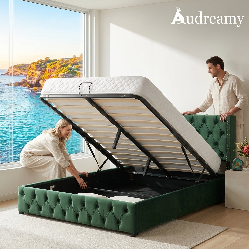 Audreamy Verona Ottoman Bed Green Velvet Double