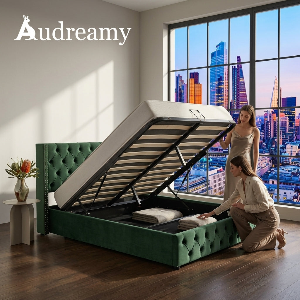 Audreamy Verona Ottoman Bed Green Velvet Double