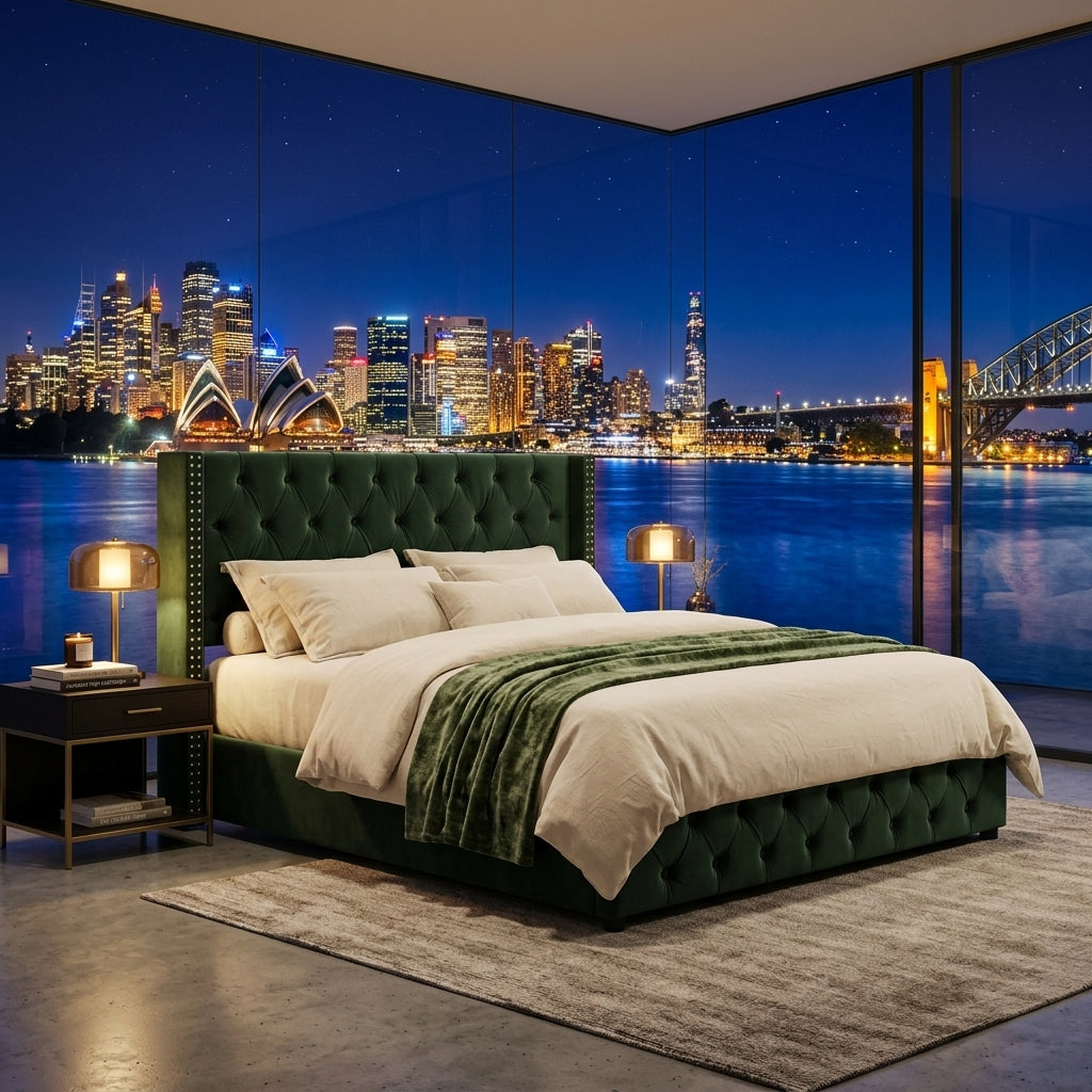 Audreamy Verona Ottoman Bed Green Velvet Double