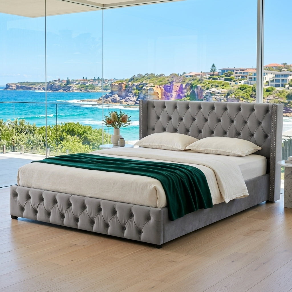 Audreamy Verona Ottoman Bed Grey Velvet King Size