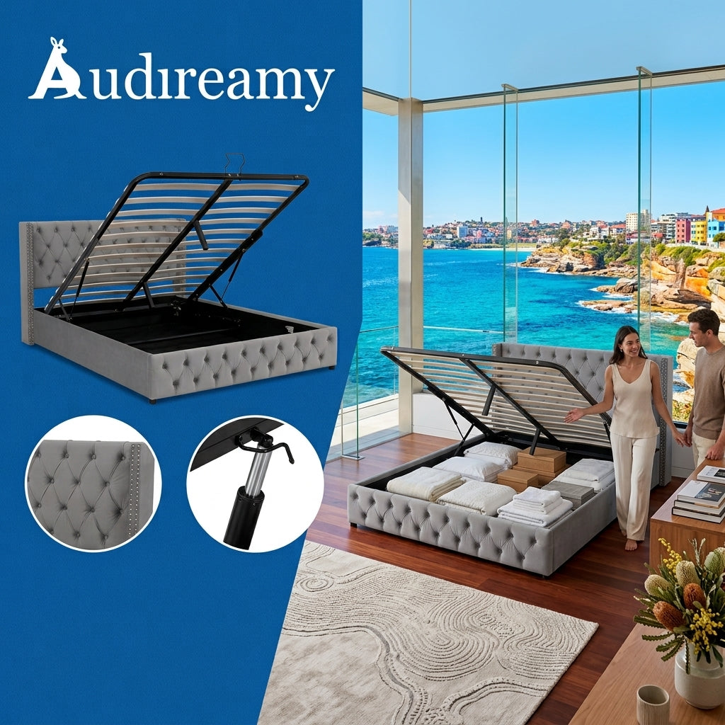 Audreamy Verona Ottoman Bed Grey Velvet King Size