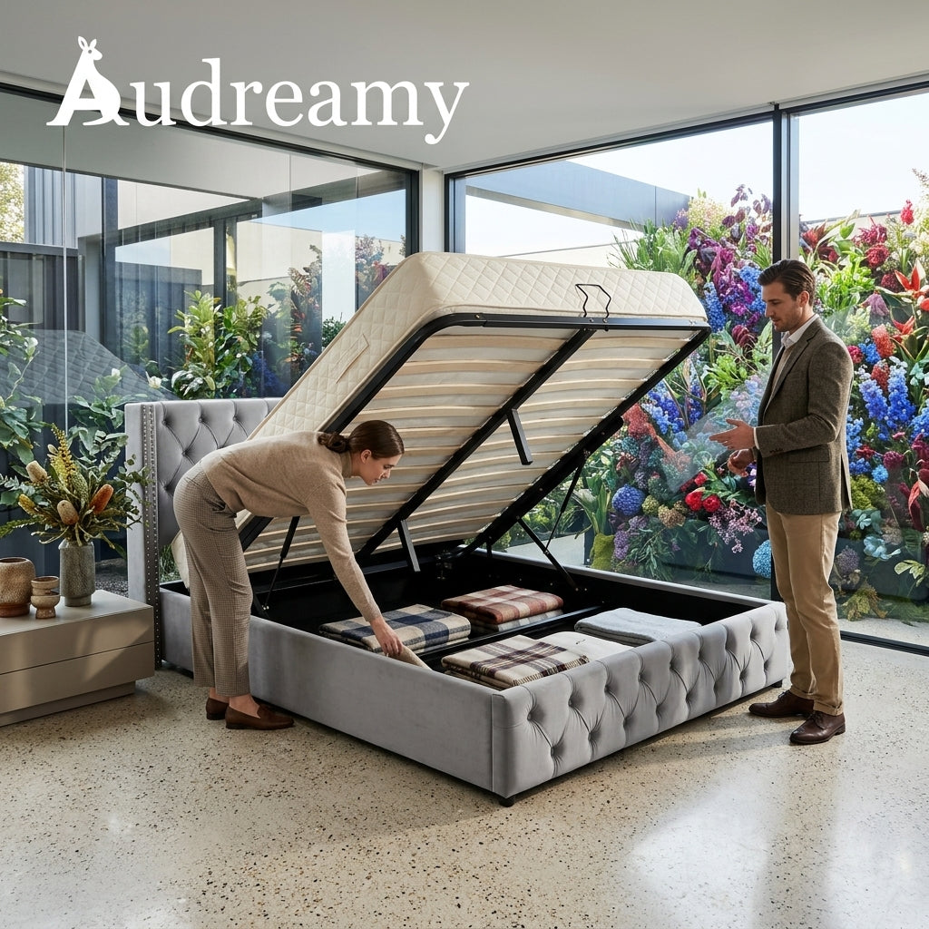 Audreamy Verona Ottoman Bed Grey Velvet King Size