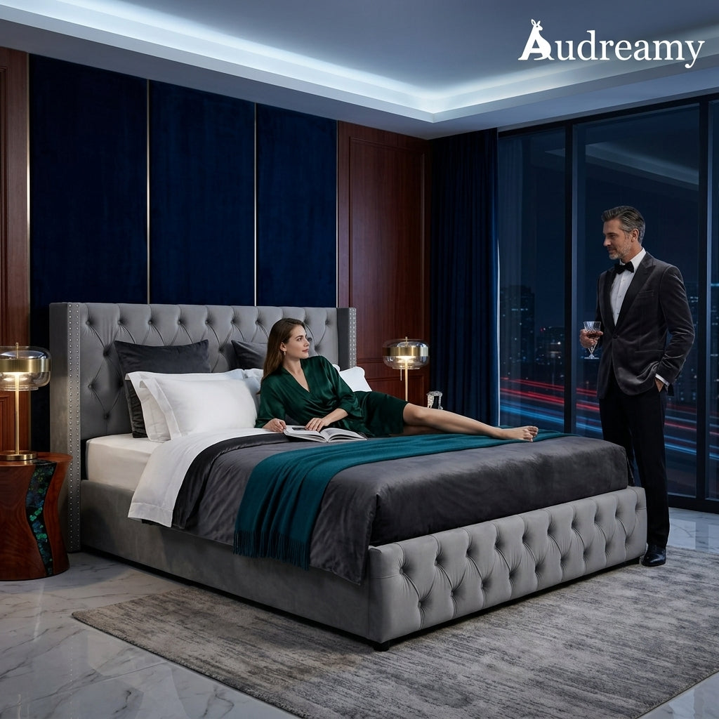 Audreamy Verona Ottoman Bed Grey Velvet King Size