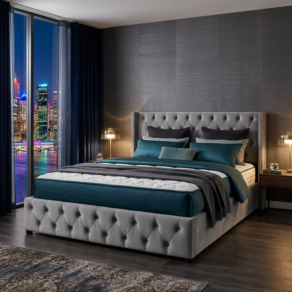 Audreamy Verona Ottoman Bed Grey Velvet King Size