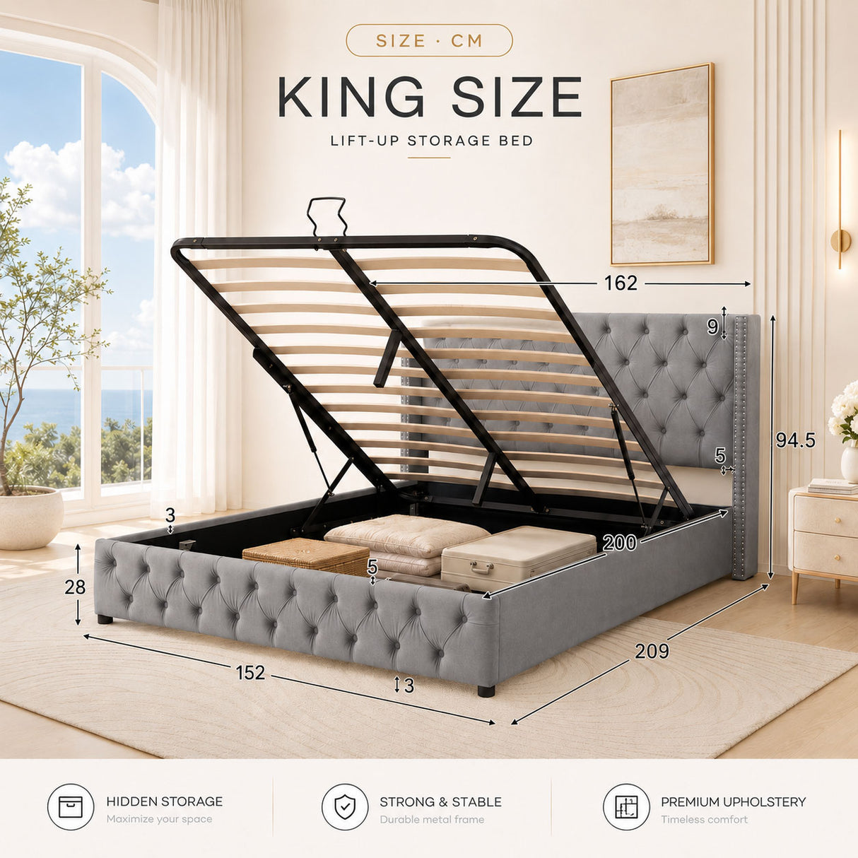 Audreamy Verona Ottoman Bed Grey Velvet King Size