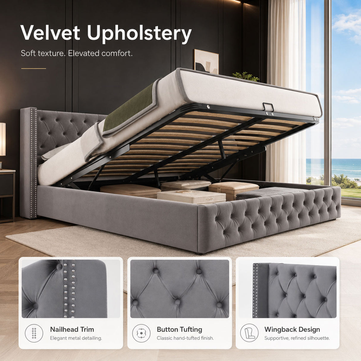 Audreamy Verona Ottoman Bed Grey Velvet King Size
