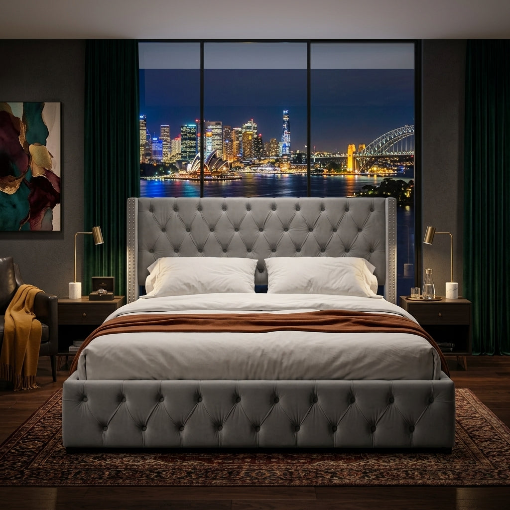 Audreamy Verona Ottoman Bed Grey Velvet King Size