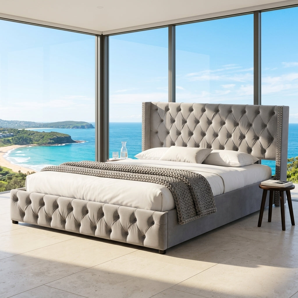 Audreamy Verona Ottoman Bed Grey Velvet King Size