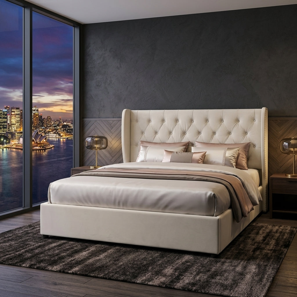 Audreamy Veronana Ottoman Storage Bed Beige Velvet Double