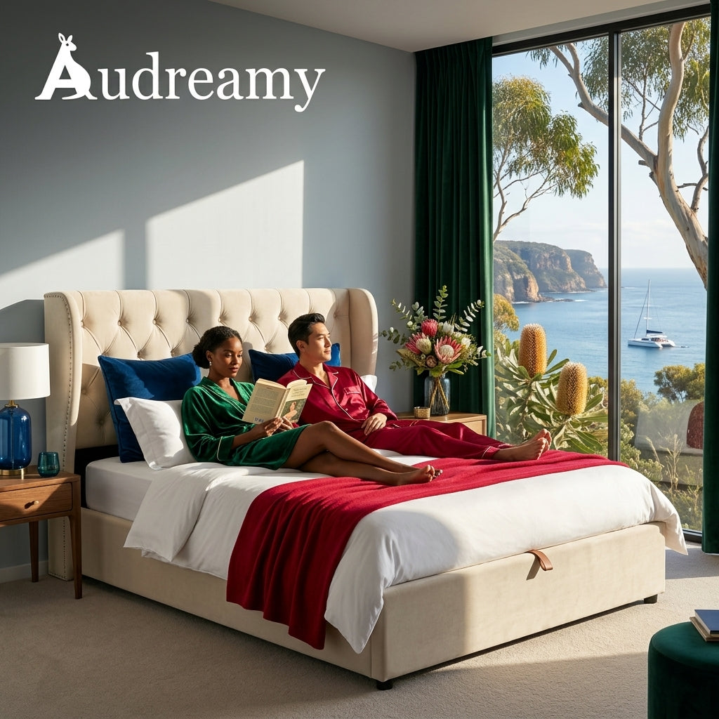 Audreamy Veronana Ottoman Storage Bed Beige Velvet Double