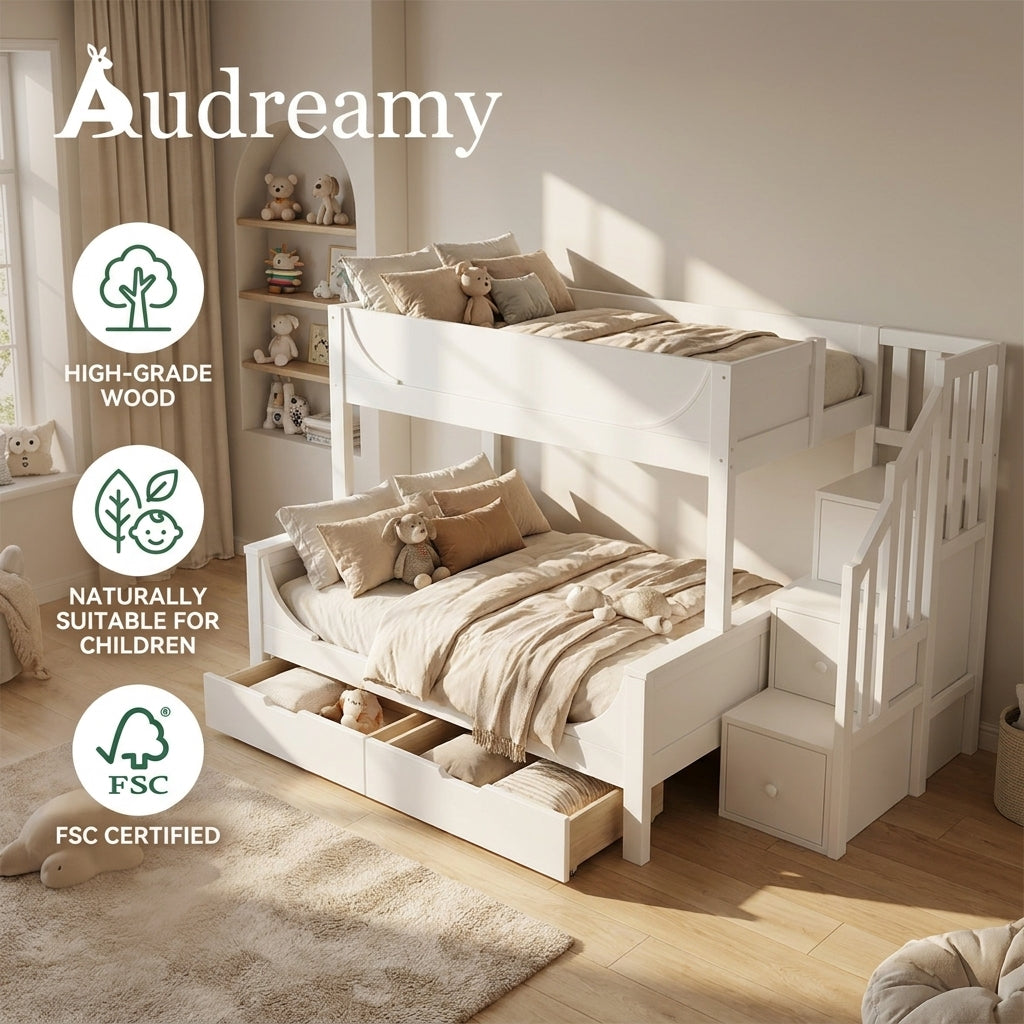 Audreamy Polara Bunk Bed with Storage for Kids White Wooden