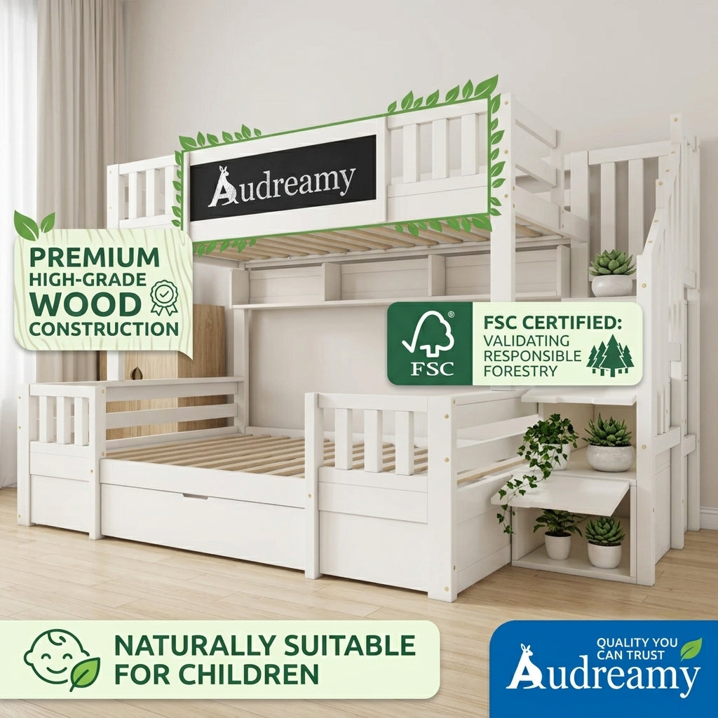Audreamy Nimby Bunk Bed with Chalkboard for Kids White Wooden