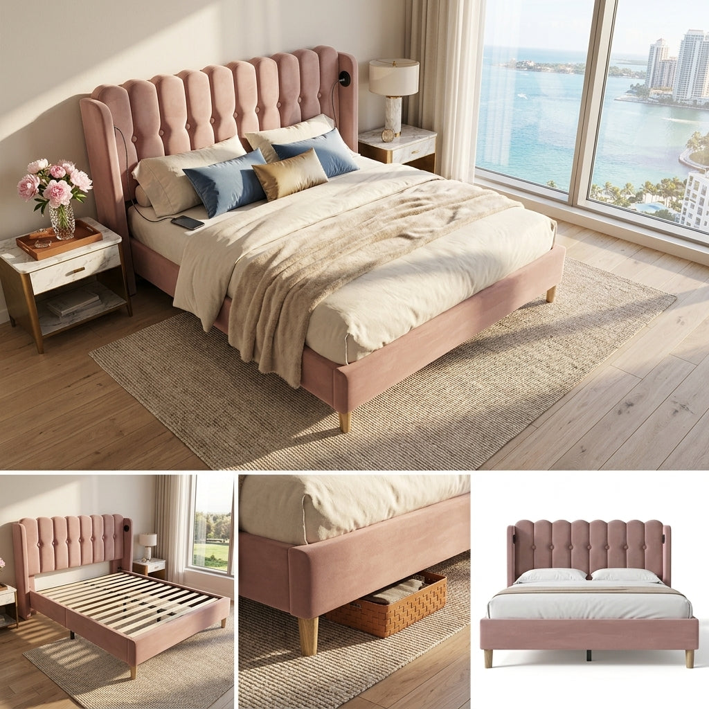 Audreamy Aria Bed Frame Pink Velvet