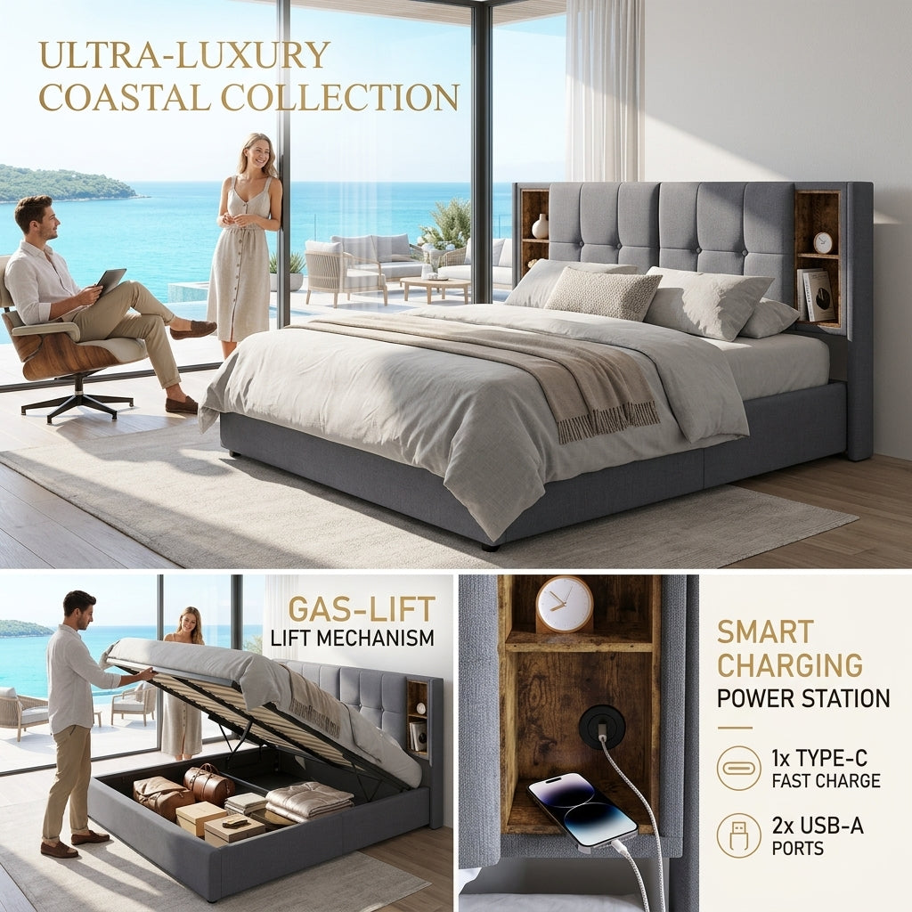 Audreamy Vertex Ottoman Bed Grey Linen