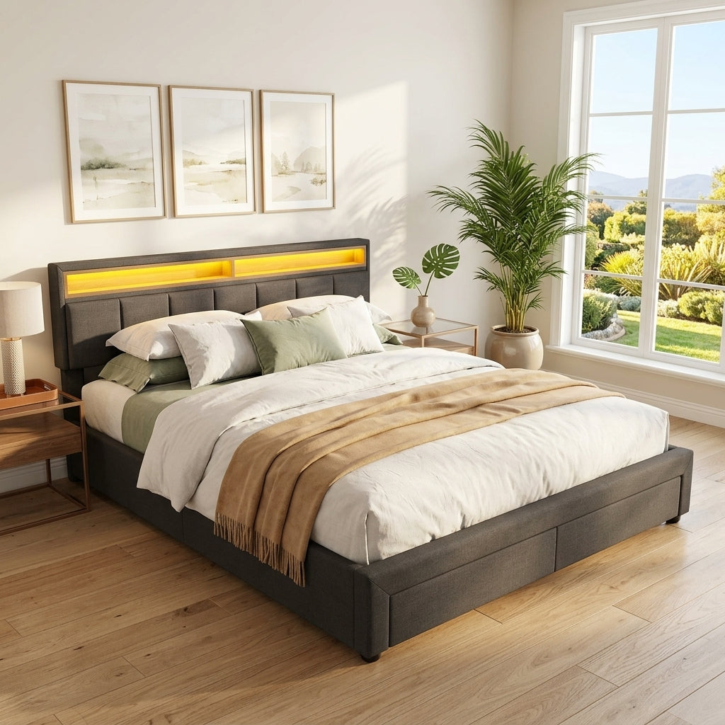 Upholstered bed with LED lighting Grey Linen