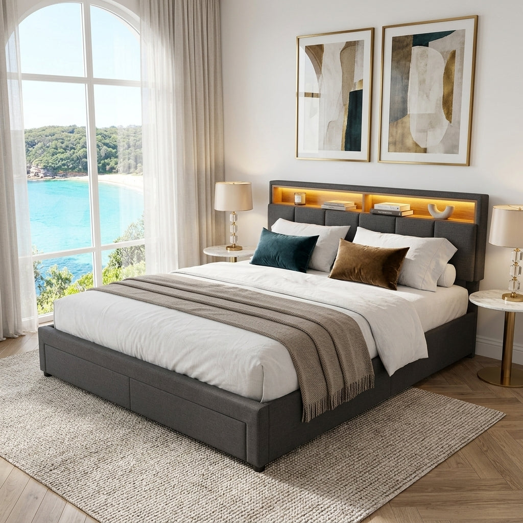 Upholstered bed with LED lighting Grey Linen