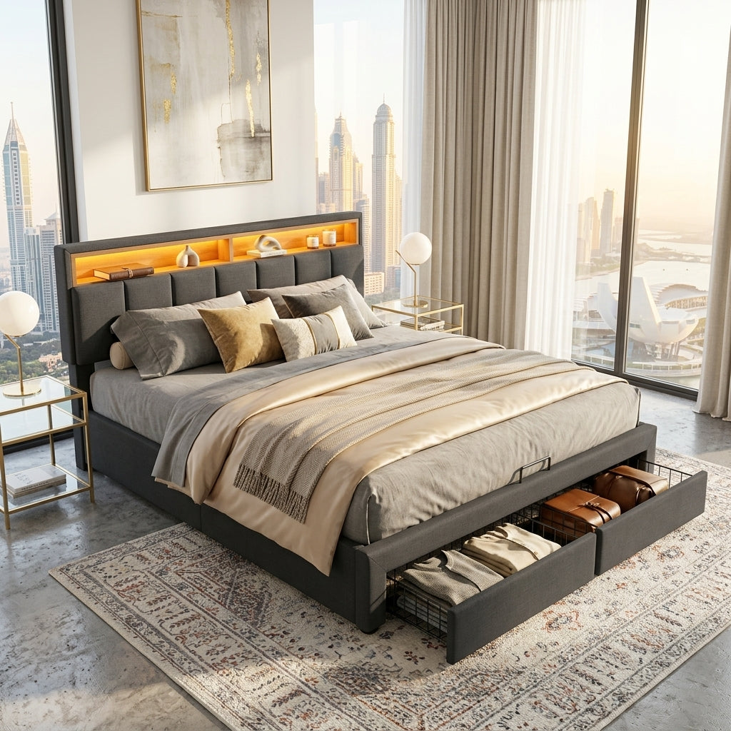 Upholstered bed with LED lighting Grey Linen