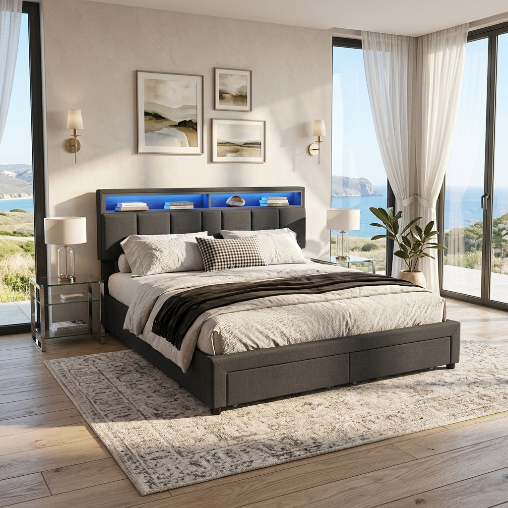 Upholstered bed with LED lighting Grey Linen