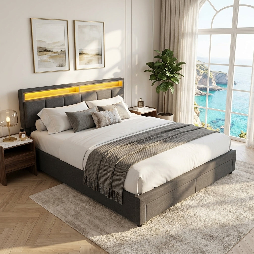 Upholstered bed with LED lighting Grey Linen