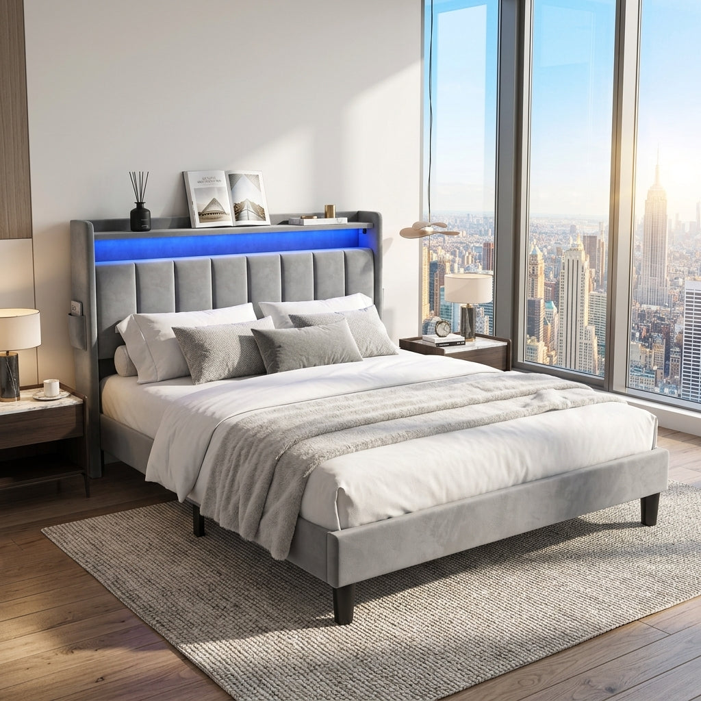 Upholstered Bed Bed Frame Grey Velvet