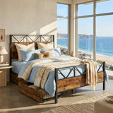 Metal Bed Iron bed, Black+Wood