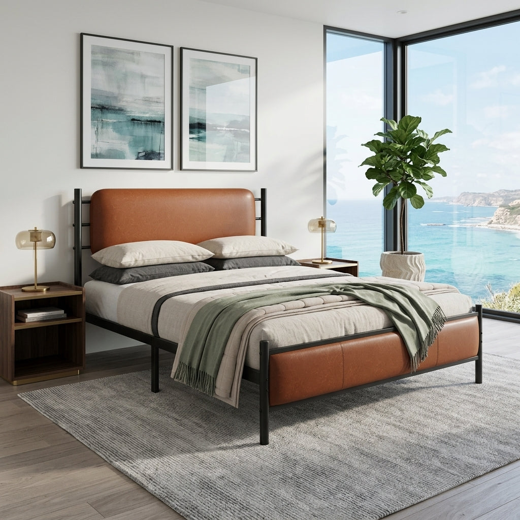 Metal bed, With a PU-upholstered headboard,  Black Iron+PU