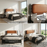 Metal bed, With a PU-upholstered headboard,  Black Iron+PU