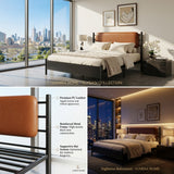 Metal bed, With a PU-upholstered headboard,  Black Iron+PU