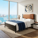 Metal bed, With a PU-upholstered headboard,  Black Iron+PU