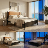 Metal bed, With a PU-upholstered headboard,  Black Iron+PU