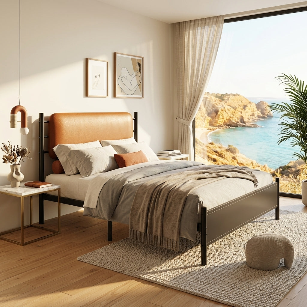 Metal bed, With a PU-upholstered headboard,  Black Iron+PU
