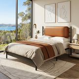 Metal bed, With a PU-upholstered headboard,  Black Iron+PU
