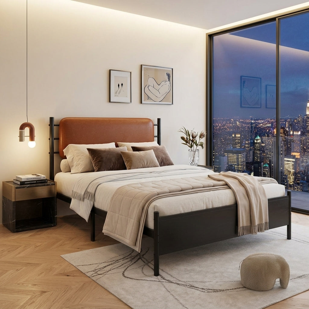 Metal bed, With a PU-upholstered headboard,  Black Iron+PU