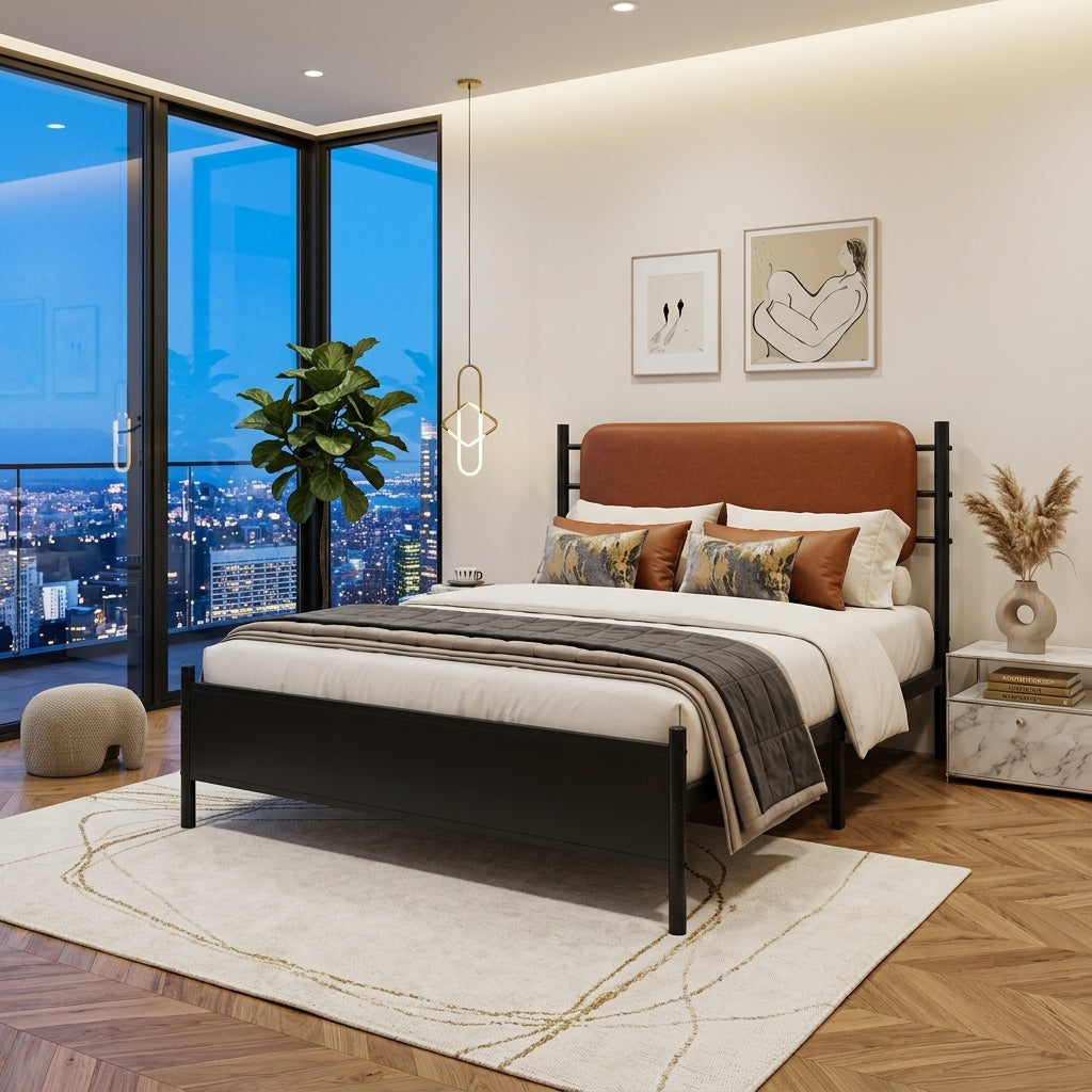 Metal bed, With a PU-upholstered headboard,  Black Iron+PU