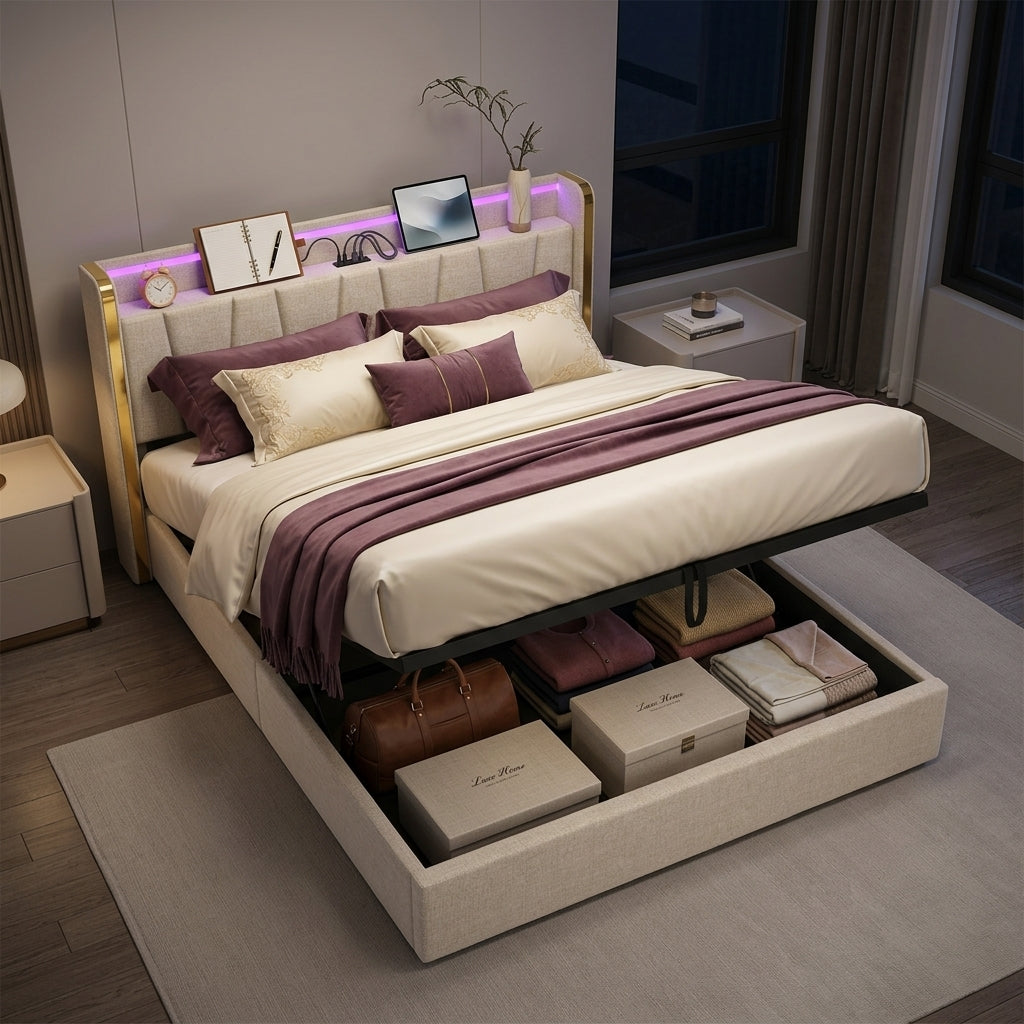 Upholstered Bed Frame with Hydraulic Storage, Ottoman Bed Beige Linen