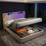 Upholstered Bed Frame with Hydraulic Storage, Ottoman Bed Beige Linen