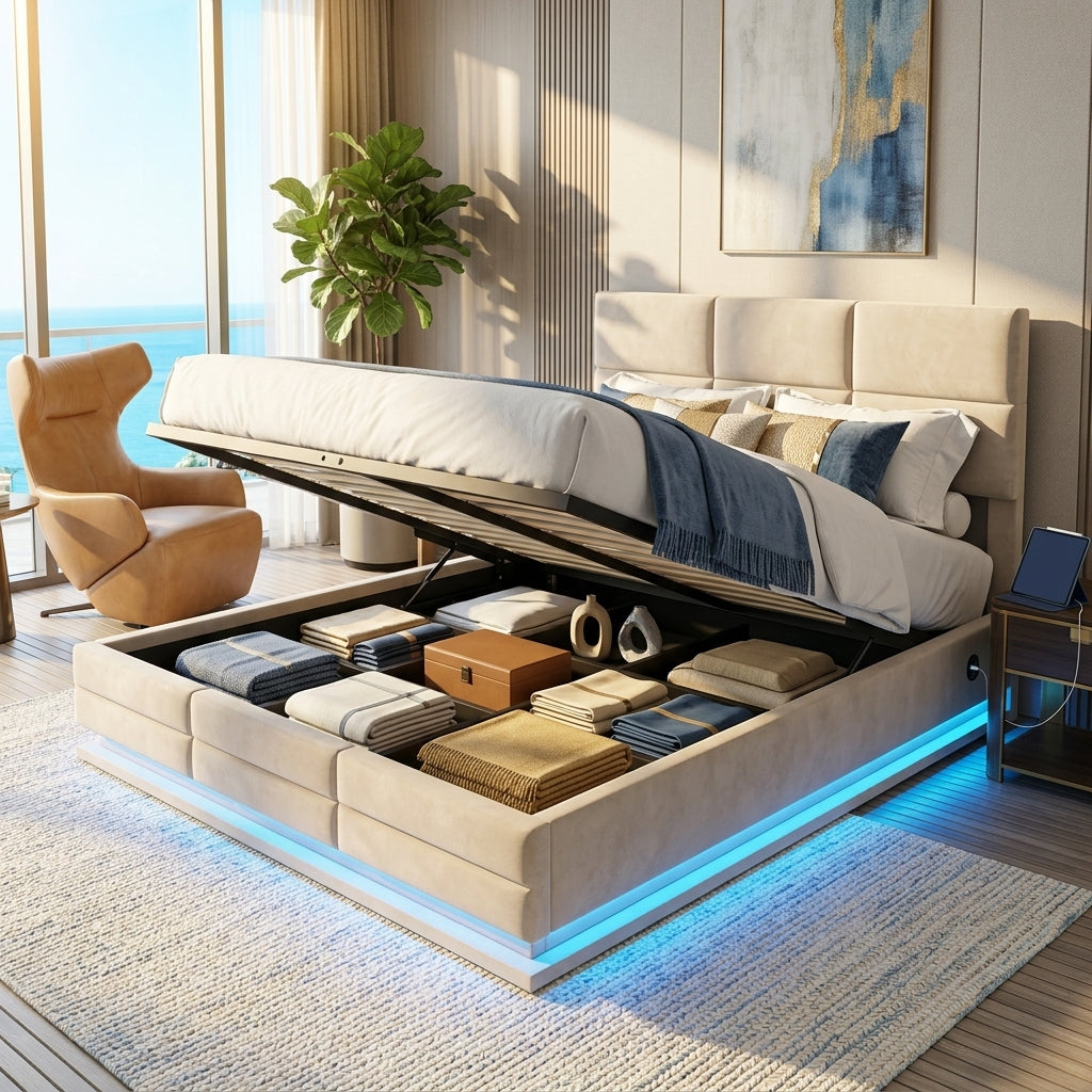 Audreamy Orion Ottoman Bed Beige Velvet