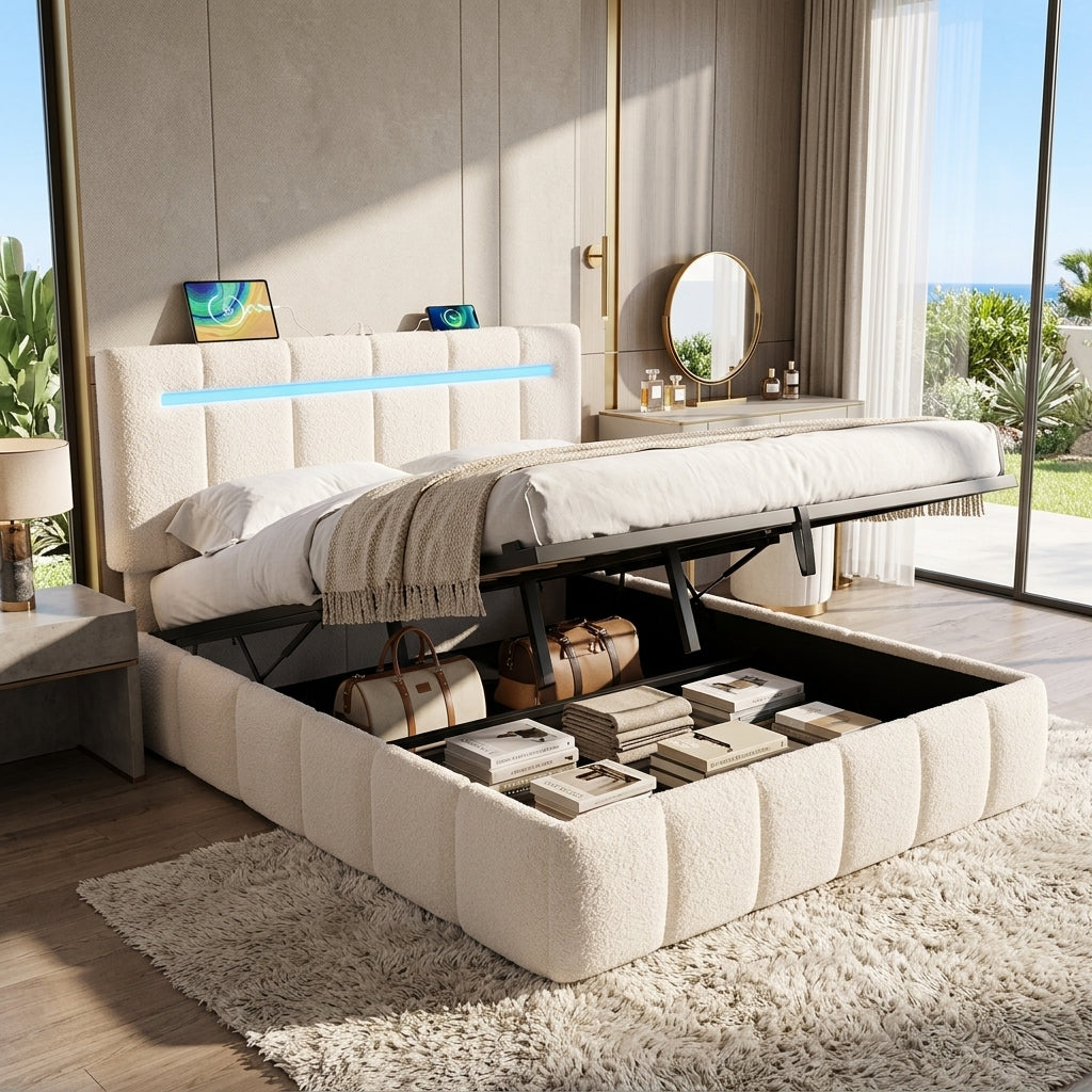 Upholstered Bed Frame with Hydraulic Storage, Ottoman Bed Beige