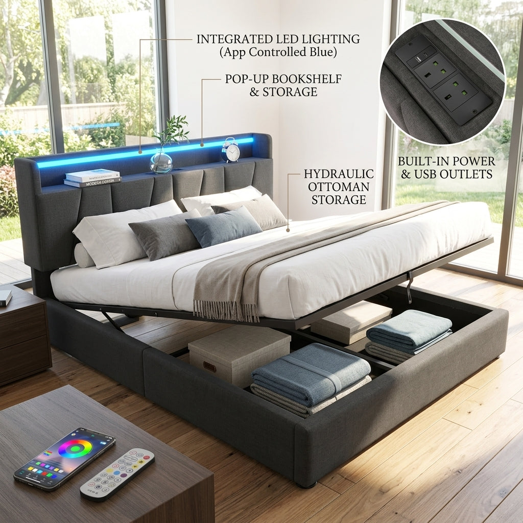 Upholstered Bed with USB charging function Ottoman Bed Grey