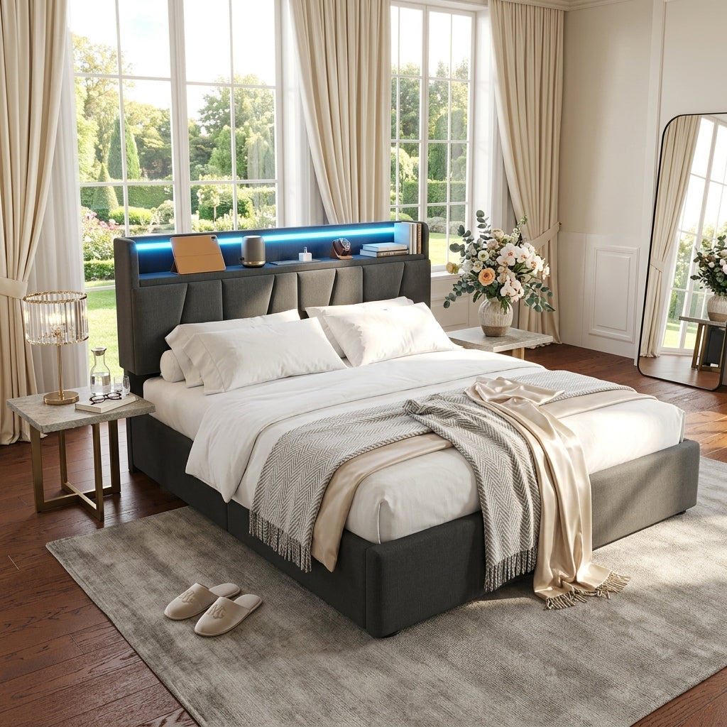 Upholstered Bed with USB charging function Ottoman Bed Grey