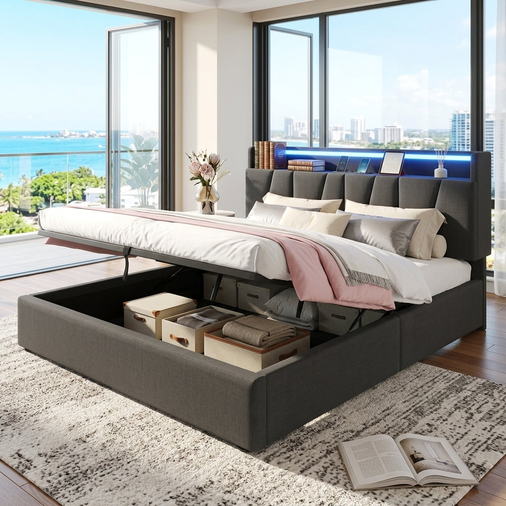 Upholstered Bed with USB charging function Ottoman Bed Grey