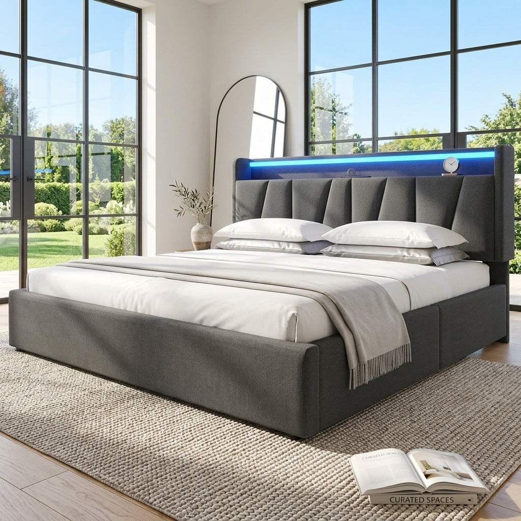 Upholstered Bed with USB charging function Ottoman Bed Grey