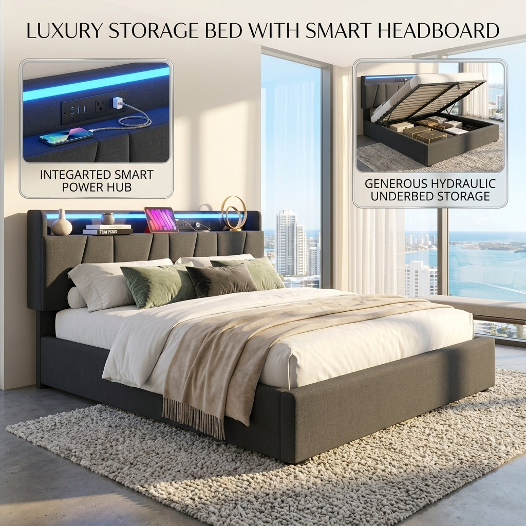Upholstered Bed with USB charging function Ottoman Bed Grey