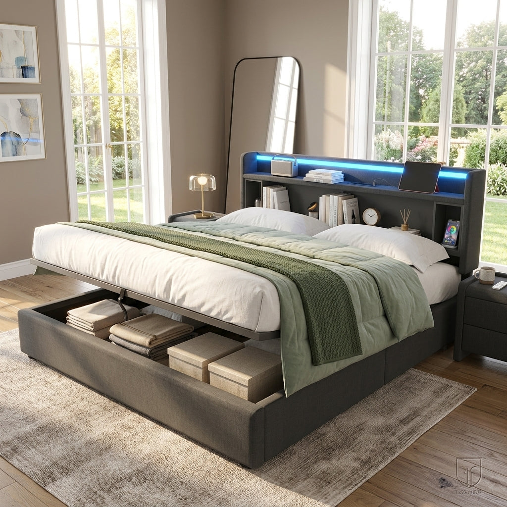 Upholstered Bed with USB charging function Ottoman Bed Grey