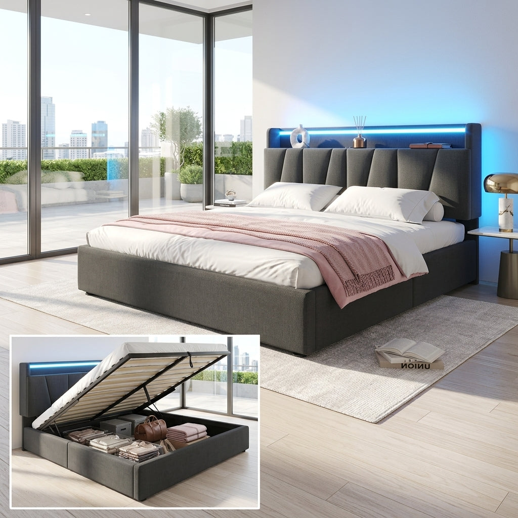 Upholstered Bed with USB charging function Ottoman Bed Grey