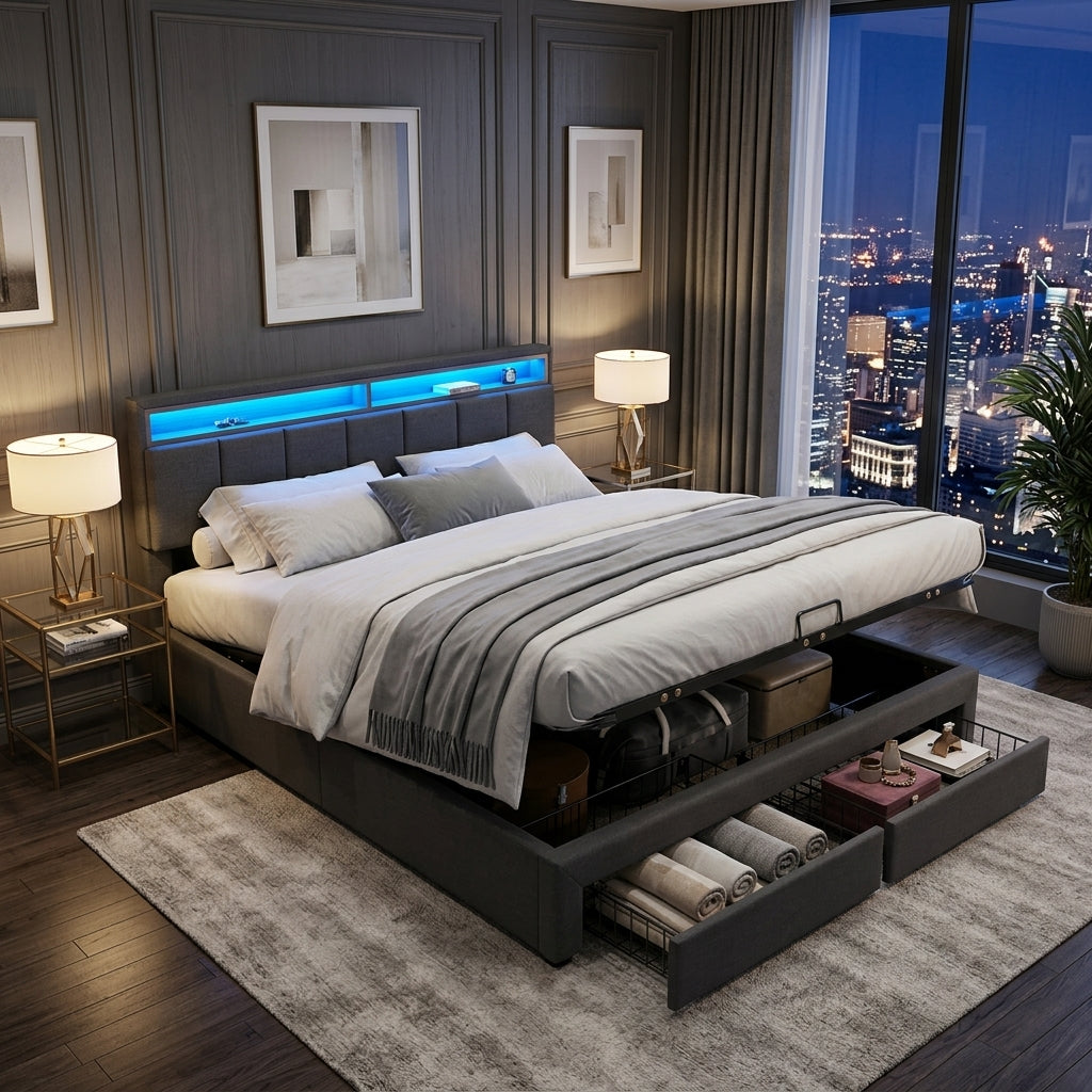 Upholstered bed with LED lighting Grey Linen