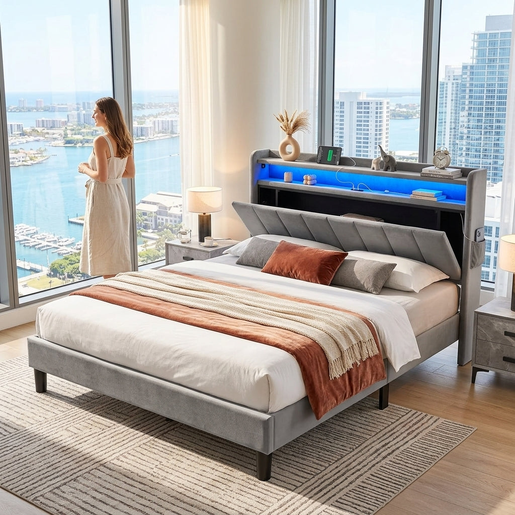 Upholstered Bed Bed Frame Grey Velvet